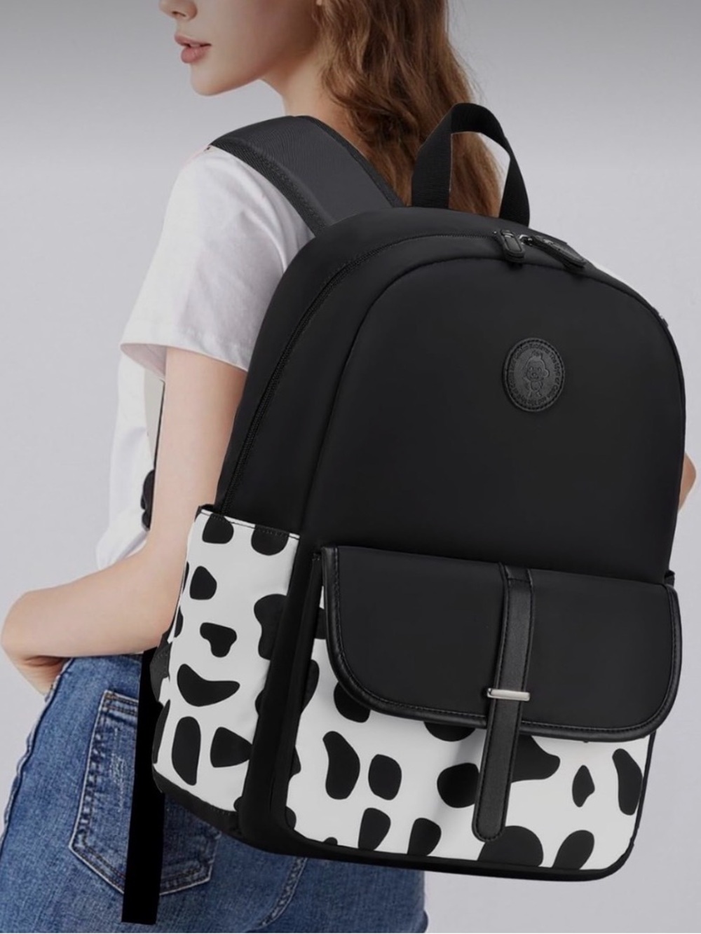 Black Backpack with Black-and-White Spot Accent